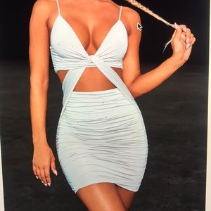 Twist Front Runched Mini Dress in Light Grey